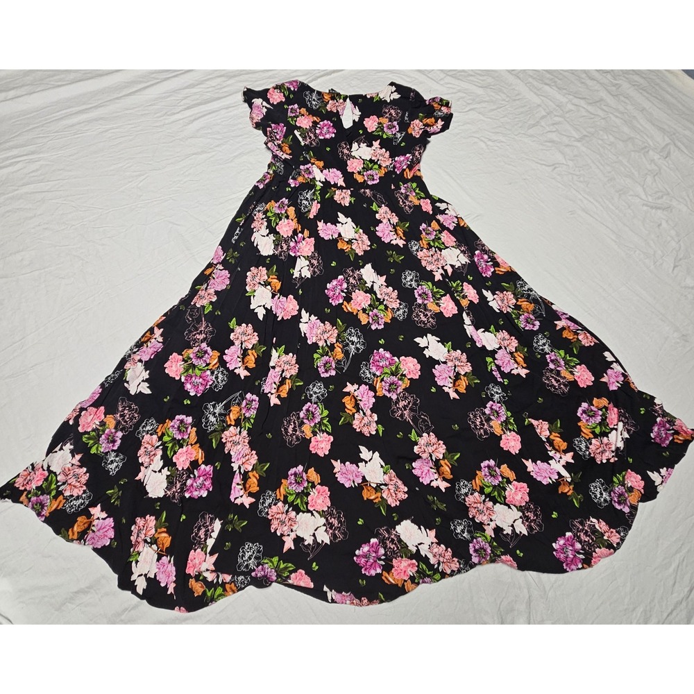 Torrid Floral Maxi Dress Womens 2 Black Pink V-Neck Short Sleeve Empire Waist - Picture 7 of 14
